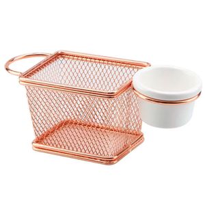 Mini Cesta Retangular Dynasty Em Aço Inox Com Molheira Rosa