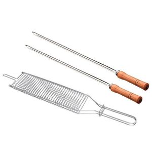 Conjunto De Grelha E Espetos Em Aço Cromado, Aço Inox E Madeira 3 Peças Inox, Cromado E Natural