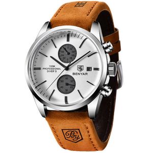 Relógio De Quartzo Esportivo Masculino Benyar Luxo Impermeável Cronógrafo Marrom Branco