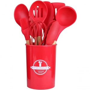 Jogo Utensílios De Cozinha Em Silicone Madeira 12 Peças Verde