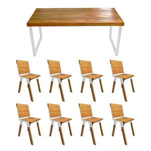 Conjunto Mesa Industrial Bernardo Madeira Maciça 2,20mx90cm C- Ferragem Branca E 8 Cadeiras Detroit Marrom