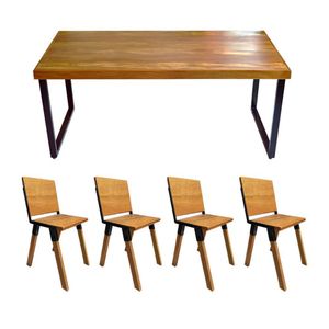 Conjunto Mesa Industrial Bernardo Madeira Maciça 1,20mx80cm C- Ferragem Preta E 4 Cadeiras Detroit Marrom