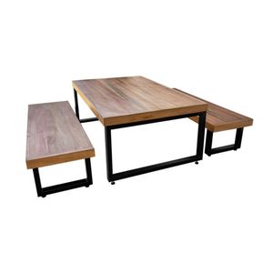 Mesa Industrial Para Jardim Infantil Bernardo 120x70cm Com 2 Bancos Industriais Base Preta Preto