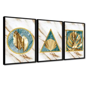 Quadros Premium Textura Cxalta Folhas Ouro Mármore 40X60 3Un Titulo Moldura Preta