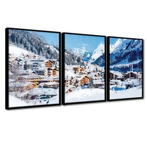 Quadros Premium Cx Alta Cidade Na Neve 40x60 3un Moldura Preta