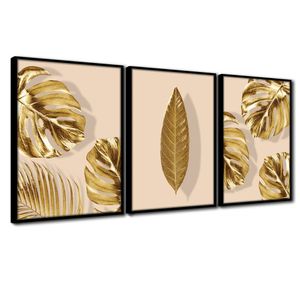Quadro Premium Textura Cxalta Folhas Ouro Em Bege3 3Un 40X60 Titulo Moldura Preta