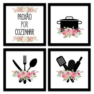 Conjunto Quadros Decorativos 4Pç 20X20 Paixão Por Cozinhar 2 Titulo Moldura Preta