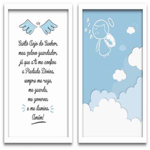 Conjunto Quadros Decorativos 2 Peças 40X60 Menino Anjo Titulo Moldura Branca