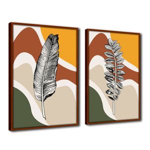 Quadro Premium Textura Cx Alta Folhas Em Cores 2 2Un 40X60  Titulo Moldura Ocre