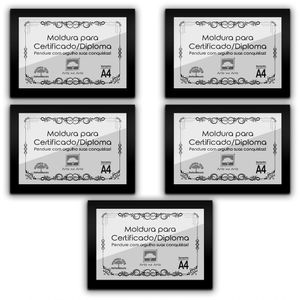 Kit 5 Certificados/Diplomas A4 Com Tela De Acetato E Mdf Titulo Moldura Preta