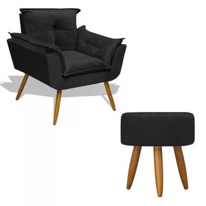 Kit Poltrona Decorativa Opala Com Puff Redondo - Preto Preto