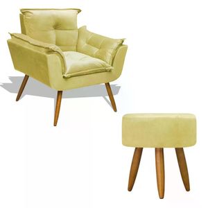 Kit Poltrona Decorativa Opala Com Puff Redondo - Amarelo Amarelo