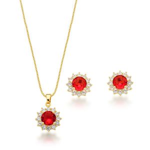 Conjunto Colar E Brincos Ponto De Luz Redondo Vermelho Banhado A Ouro 18k - 45cm