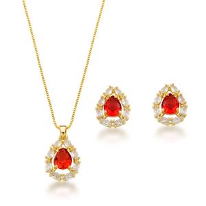 Conjunto Colar E Brincos Com Zirconia Gota Vermelha Banhada A Ouro 18k - 45cm