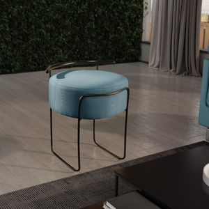 Puff Redondo Em Linho Com Base Preta Ivar Azul