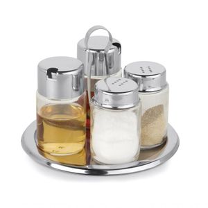 Kit Galheteiro Vidro Redondo 5 Peças Base Inox Mesa Salada Saleiro Pimenteiro Azeiteiro Vinagreiro