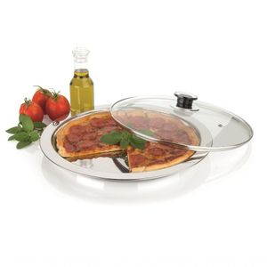 Prato Para Servir Pizza Aço Inox Com Tampa De Vidro Multiuso Mesa Redondo Travessa Forma