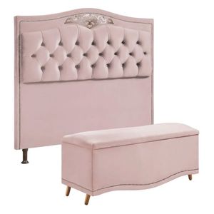 Conjunto Cabeceira E Calçadeira Holanda 140cm Veludo Rosê Star Confort Rose