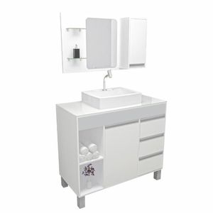 Armário Para Banheiro/ Lavabo Fit Supreme 97 Cm Branco Com Bege C/cuba + Espelheira Com Espelho + Torneira E Válvula