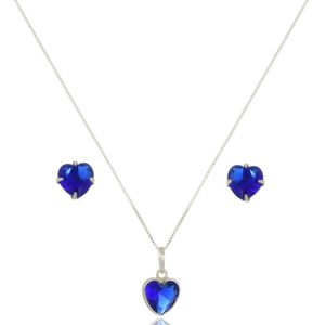 Conjunto Coração Azul Royal 6 Mm Em Prata 925