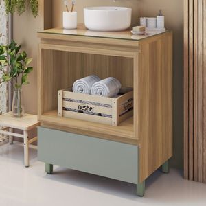 Gabinete Para Banheiro 1 Gaveta Com Caixa Organizadora 70cm 100% Mdf Nature/verde