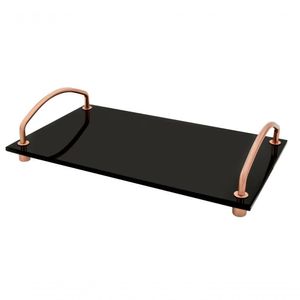 Bandeja Organizadora De Bancada Vidro Preto Alça Cobre 25x15