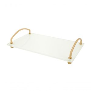 Bandeja Organizadora Bancada Vidro Branco 25x15 Alça Dourada