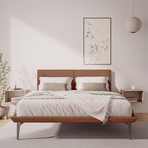 Base Box Cama Japonesa Toquio Queen Com Cabeceira Almofada Linho Telha - Cor: Marrom