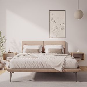 Base Box Cama Japonesa Toquio Casal Com Cabeceira Almofada Linho Bege - Cor: Bege