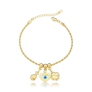 Pulseira Cordão Baiano Com Olho Grego E Trevo Banhado A Ouro 18k - 18cm