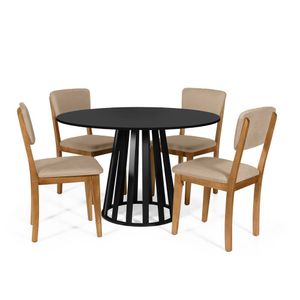 Mesa De Jantar Redonda Gabi Preta Com 4 Cadeiras Estofadas Ella Bege