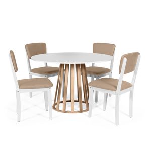 Mesa De Jantar Redonda Gabi Bran/jade Com 4 Cadeiras Estofadas Ella Branco/marrom Claro