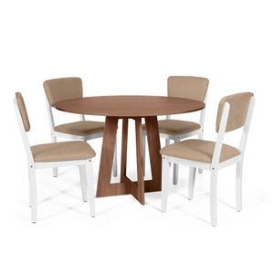 Mesa De Jantar Redonda Montreal Noronha Com 4 Cadeiras Estofadas Ella Branco/marrom Claro