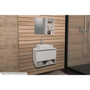 Conjunto De Banheiro Armário C- Espelho Bn3609 E Balcão Suspenso Bn3606 S- Cuba Pia 60cm Cor Branco - Tecno Mobili