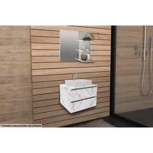 Conjunto De Banheiro Armário C- Espelho Bn3608 E Balcão Suspenso Bn3607 C- Cuba Pia Bn3630 60cm Cor Mármore Branco - Tecno Mobili