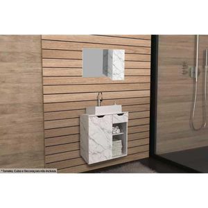 Kit De Banheiro Armário Bn3602 80cm E Balcão Suspenso Bn3605 Pia 60cm Mármore Branco Tecno Mobili