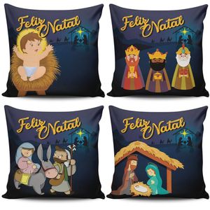 Kit C/ 4 Almofadas Cheias Estampadas Natalinas Feliz Natal Família Sagrada 45cm X 45cm Com Refil