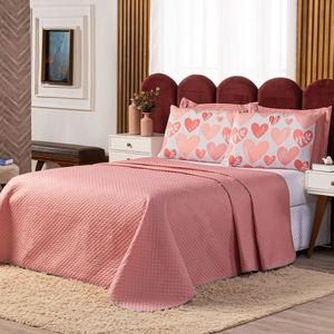 Kit Cobre Leito Corações Rosê/branco Dupla Face Com Fronhas Estampadas Queen 05 Peças