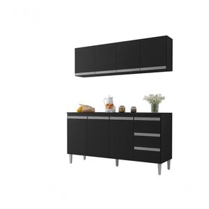 Balcão Gabinete Andreia 160cm C-tampo E Armário Aéreo 4 Portas 160cm Preto
