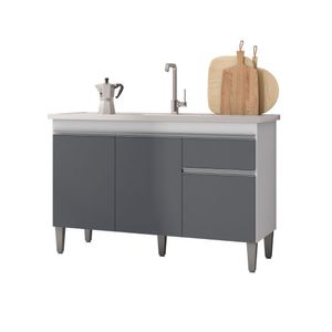 Balcão Gabinete Multiuso Tatiane 120cm 3 Portas E 1 Gaveta C-tampo Cinza Claro