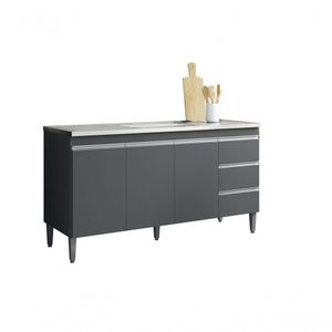 Gabinete Balcão Para Pia Andreia S-tampo 150cm 3 Portas 3 Gavetas Cinza Fosco