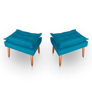Kit 02 Puff Para Sala E Quarto Madeira Decorativo Opala Suede Cor Azul Turquesa