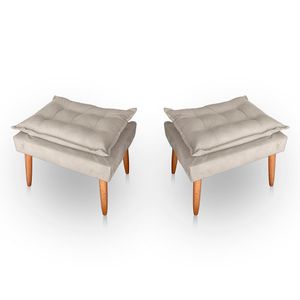 Kit 02 Puff Para Sala E Quarto Madeira Decorativo Opala Suede Cor Bege