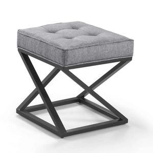 Puff Quadrado Mônaco Linho Cinza Pés Metal Preto