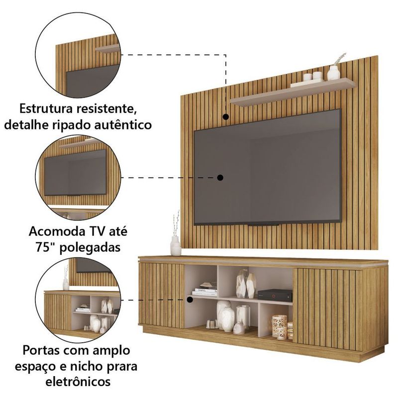 Rack Bancada Com Painel Ripado Para Tv Até 75 Polegadas 1,80m Paris Mel ...