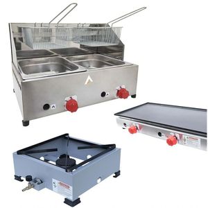 Kit Lanchonete Fogão Portátil 1 Boca + Chapa 90cm E Fritadeira Profissional 2 Cubas Alcamar