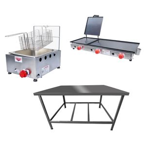 Kit Lanchonete Mesa De Manipulação 100x55cm + Fritadeira A Gás 1 Cuba + Chapa A Gás 90cm Alcamar