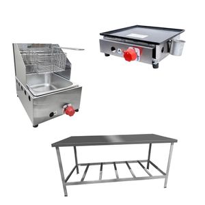 Kit Lanchonete Mesa De Manipulação 190x70cm + Fritadeira A Gás 1 Cuba + Chapa A Gás 30cm Alcamar