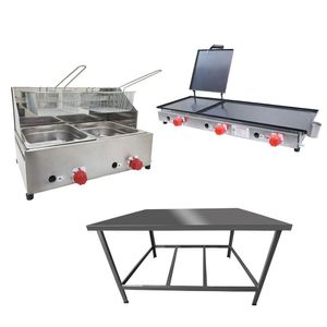 Kit Lanchonete Mesa De Manipulação 100x55cm + Fritadeira A Gás 2 Cuba + Chapa A Gás 90cm Alcamar