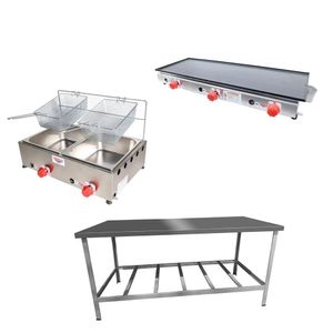 Kit Lanchonete Mesa De Manipulação 190x70cm + Fritadeira A Gás 2 Cuba + Chapa A Gás 90cm Alcamar